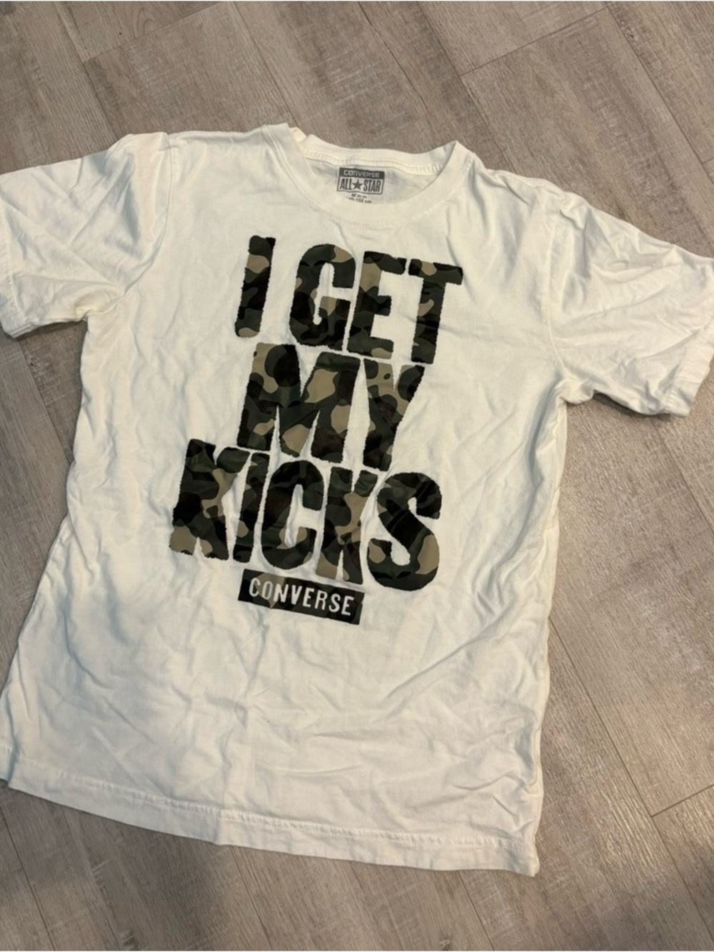 Converse White Short-Sleeve Tee with Green Camo 'I GET MY KICKS' Graphic